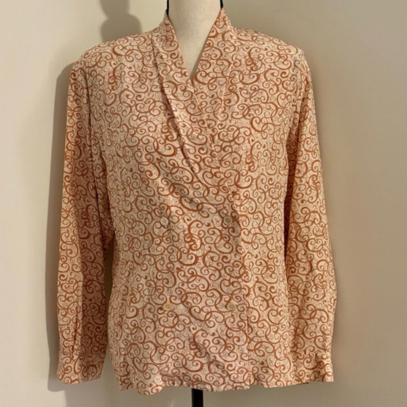 CHRISTIAN DIOR Excellent Vintage 90s Peach & Coral Swirl Print Silk Blouse 8 - Picture 1 of 8